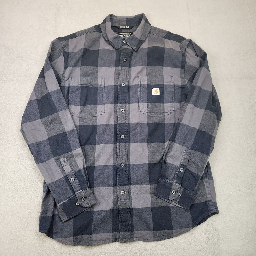 Carhartt Rugged Flex Flannel Shirt Men's L Gray Black Plaid Relaxed‎ Fit Pockets
